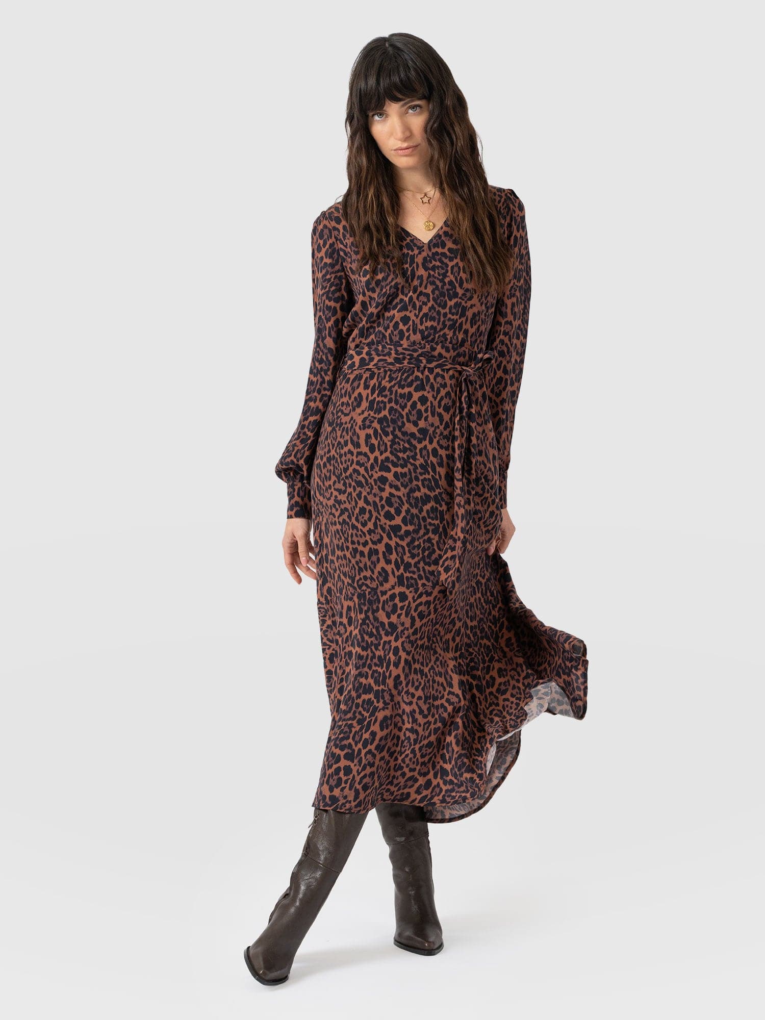 Allegra V Neck Dress - Brown Leopard